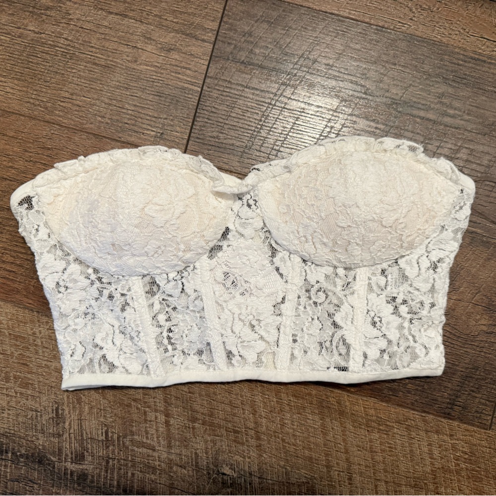 Cropped white lace corset top